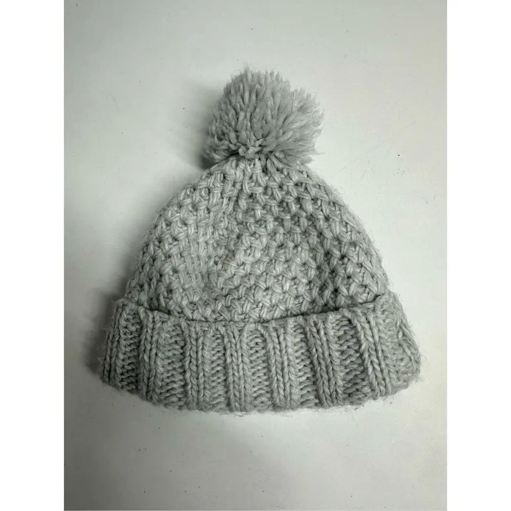Old Navy Knit Kids Beanie Hat Gray Lined Pompon Size 12 -24 M